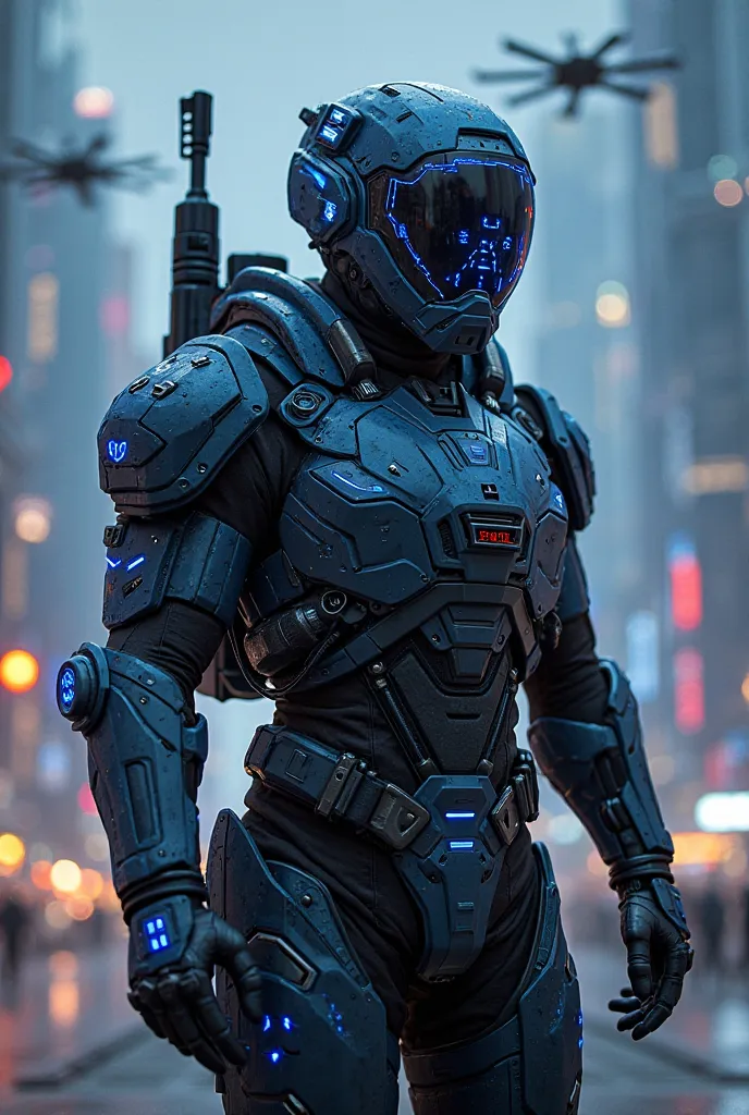 Future Day Soldier (year 2150,  advanced technology )
A soldier wearing a futuristic tactical armor, made of adaptable nanotechnology, with blue LED lights and a reinforced exoskeleton. His helmet has a holographic visor with real-time combat information. ...