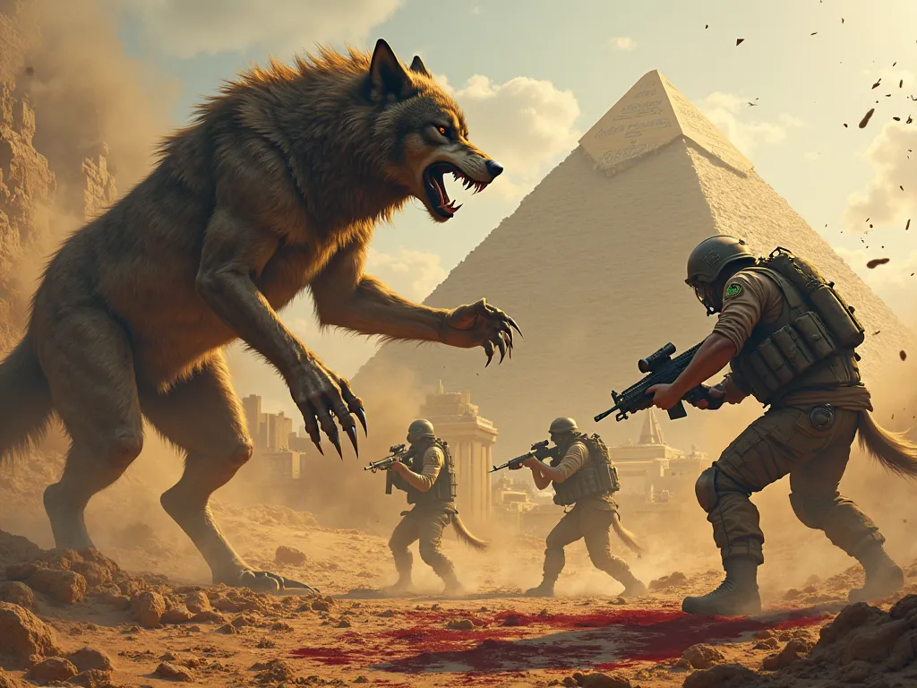 The image of men with a head like that of a wolf, werewolves with sharp claws next to them are men holding machine guns and behind them is a pharaonic culture, pyramids and scattered blood