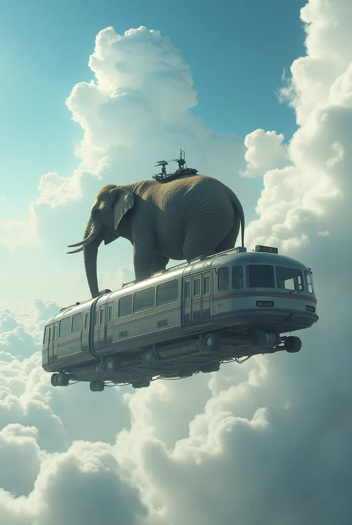 Ultra-realistc,  tram ove the sky with elephant on it