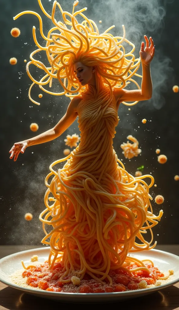 **Final Prompt:**  
"An anthropomorphic entity composed entirely of tangled, al dente spaghetti strands erupts into a frenetic dance atop a colossal ceramic plate, its limbs morphing into fusilli spirals and linguine ribbons mid-twirl. Inspired by Maciej K...