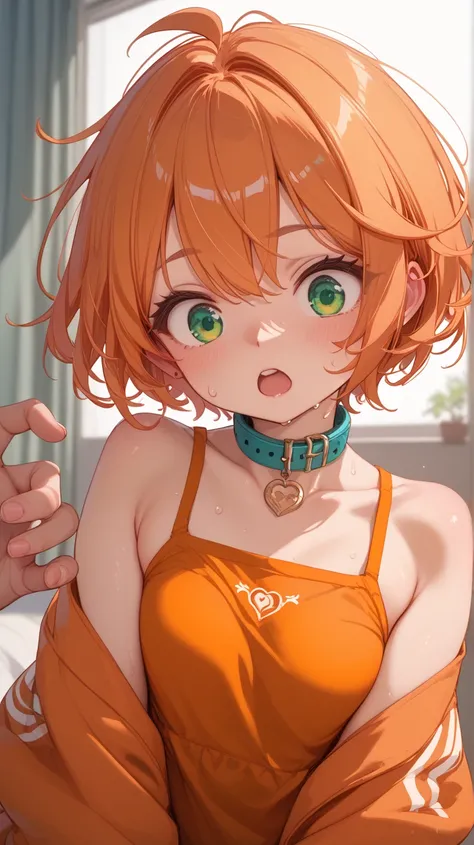 woman、 small tits、 short hair、front、 collar 、tattoo、sweat、orange hair、 green eyes、 surprised、 orange clothes