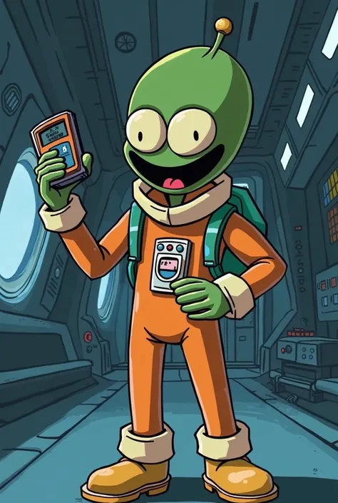 Create an adventure time cartoon style image of a Martian dressed in space clothing holding a pager inside a ship 
It would be an image for YouTube so I think it would have to be 2.560 px by 1.440 px,  Horizontal image 