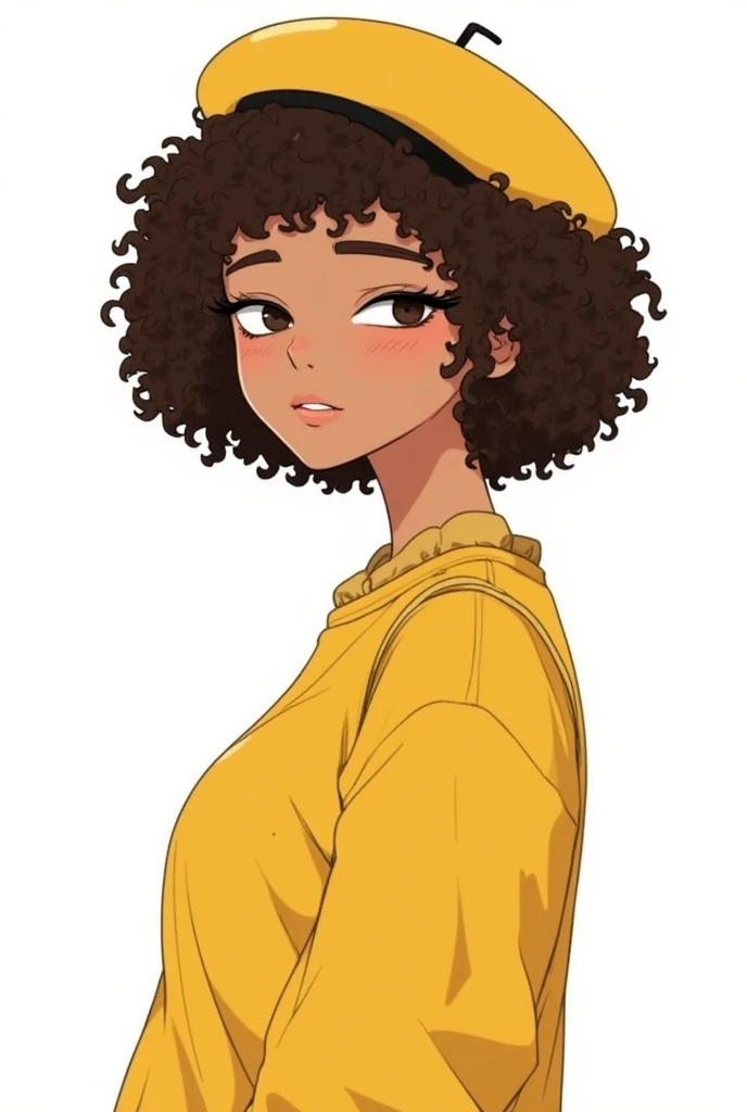  cartoon,  The image shows a young woman with short curly hair,  vest. She is wearing a yellow beret and a yellow sweater.  Her skin is light brown and she seems to have eye makeup, with apparent eyeliner.  The background of the photo is a plain white back...