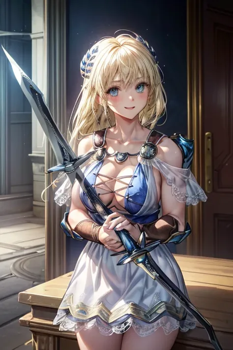 Very detailed、highest quality、Best image quality、masterpiece、8k、Anime Face、A kind smile、Open your mouth、Sparkling blue eyes、(Blonde:1.5)、(holding a two - handed sword:1.5)、Muscles of the whole body、Sophitia Alexandra