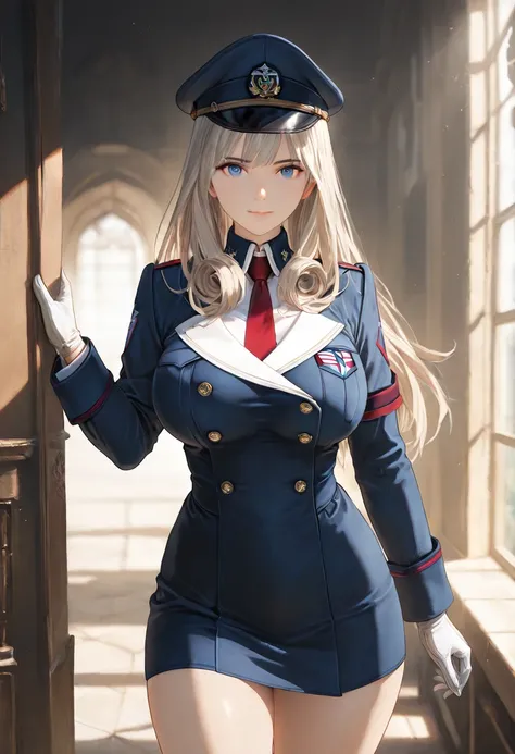 big boobs, standing, Alone, Blue Navy Sexy Uniform,  white gloves, Double-breasted Insignia,  long blue pencil skirt , Captain's Cap, masterpiece, best quality, Rosto  detailed, Olhos  detaileds, High resolution, beautiful,  detailed, perfectly highlight c...