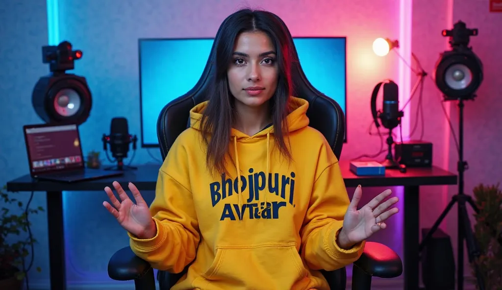 An Indian Girl sitting straight confidently on a modern gaming chair in his YouTube studio. He is wearing a bright yellow hoodie with Bhojpuri Avtar boldly printed on it. His face is clearly visible and expressive. The girl is gesturing with his hands, as ...