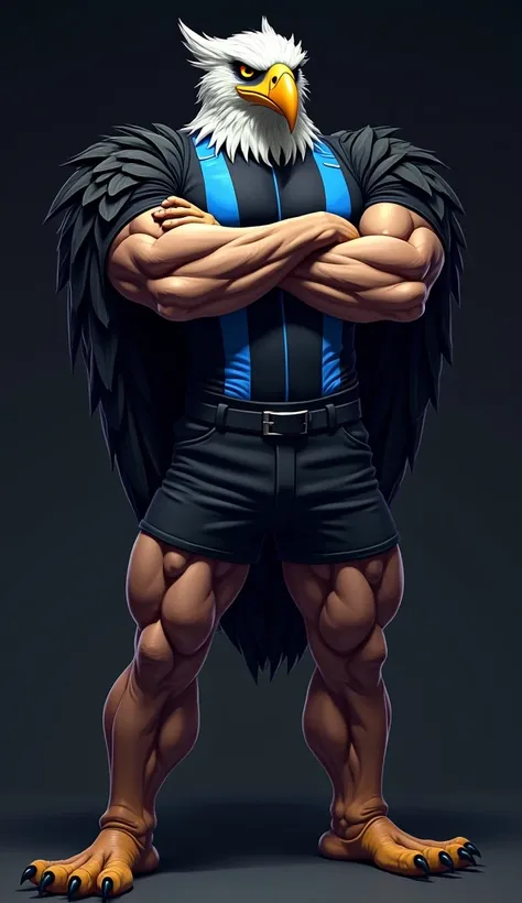 Muscular eagle with angry face arms crossed black uniform with vertical blue stripes. Black shirt with blue vertical stripes. black shorts. Half black  