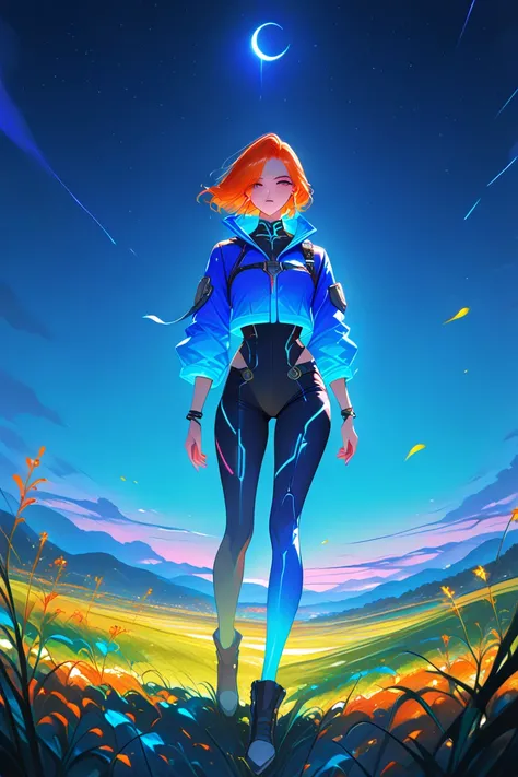 A girl with orange hair, with blue cyberpunk outfit, in a colorful meadow, at night