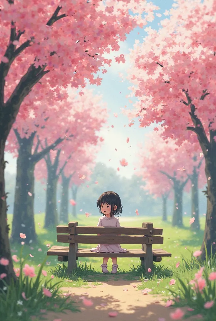 Create an image girl sitting on park chair with cherry bloom background ghibli style animation

