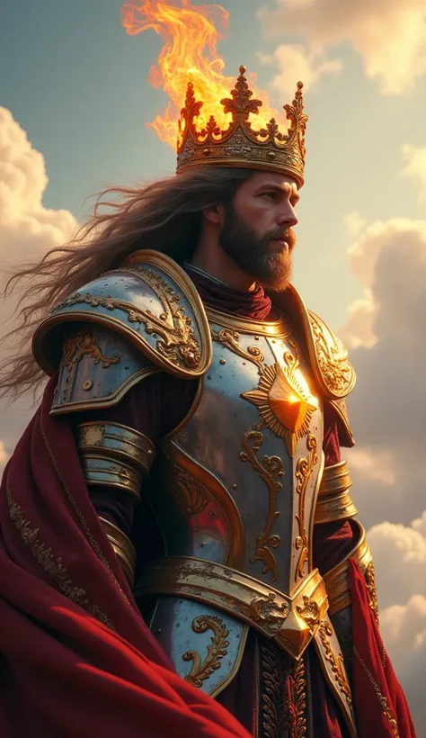 A hyper-realistic isometric view of king, 30yo, aesthetic body, realistic skin, long hair and small Beard, majestic and powerful, with cristaline eyes burning with flames, a golden crown, and Mirroring gleaming armor reflecting the surroundings.  Posted on...