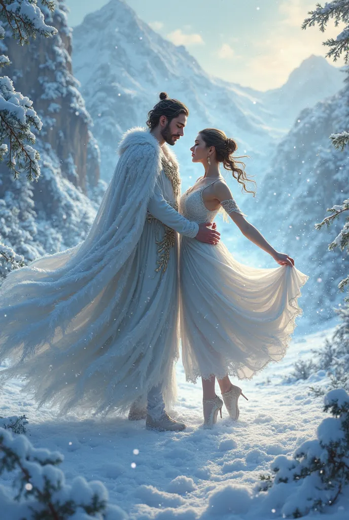 generate a couple where the guy is the god of winter, and the girl is a simple dancer