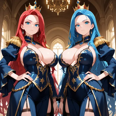 masterpiece,best quality,Very accurate,(twins),anime,(Separate Hair Colour:1.2),red hair,blue hair,queen,big breasts,