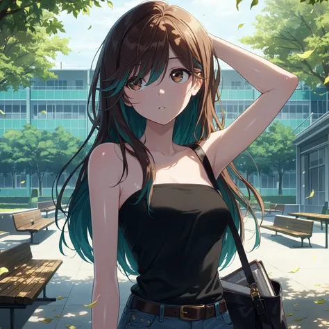 masterpiece, best quality, amazing quality, looking to the side, book, hand behind head, swept bangs,  looking up, walking, brown hair with teal highlights, very long hair,brown eyes, small breasts, thin, black strapless shirt, jeans, satchel, ((long swept...