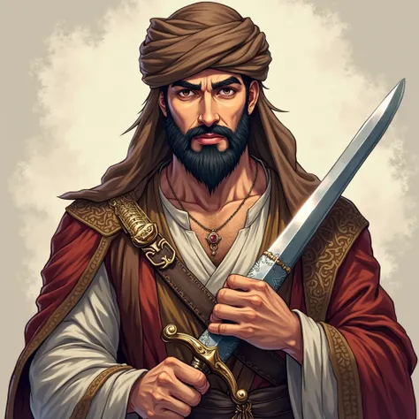    one man  , Arabic features ,beard ,   wearing an ornate dress ,   brown turban   , He carries an Arab sword ,  Hazel eyes   , sharp eyes , Strong body , muscular ,Wise Arab facial features,(anime style)