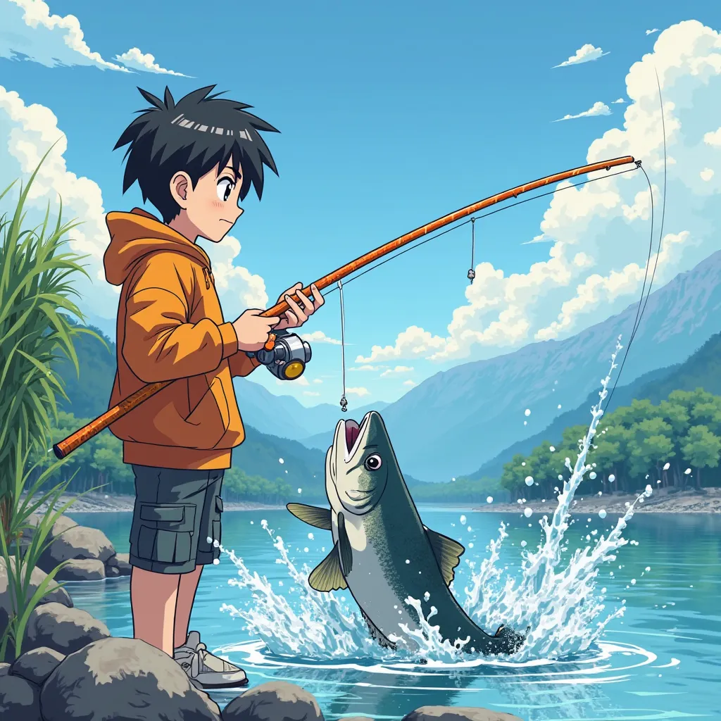 An anime-style full-body shot of a age boy fishing at a riverside, holding a bright orange carbon fiber fishing rod with a giant salmon struggling on the hook. The scene features dynamic water splashes with exaggerated droplets and ripples, set against a s...