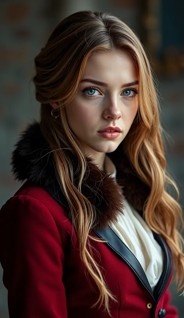 age Female Fierce with Long creamy brown hair, White Skin, Blue Eyes, She wearing red Student Durmstrang costume, 4K, Digital Art, Durmstrang She wore a dark red rabbit fur collared military coat. Red collared coat White puff sleeve blouse Black outer belt...