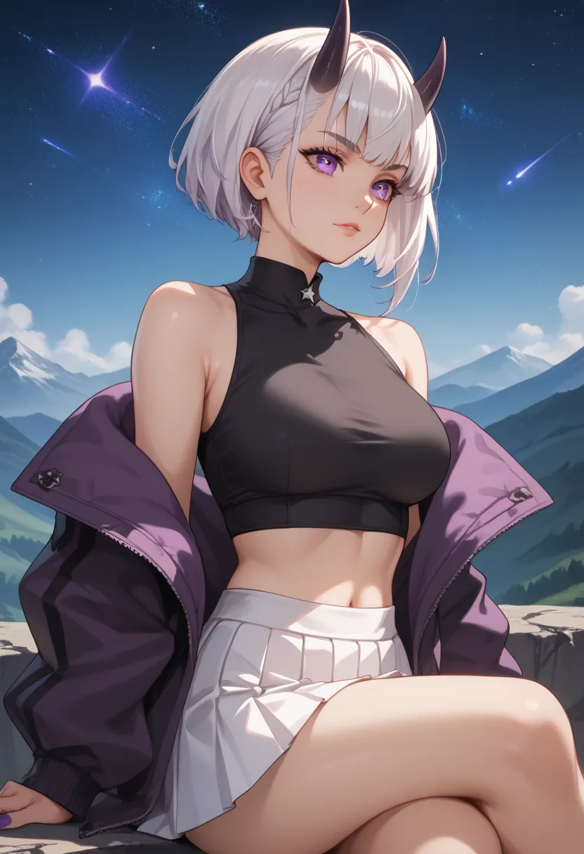 Adult demon girl,  short hair , white hair and there is a black spot,  black crop top , purple and white jacket, open jacket, white pleated skirt, has short horns of purple color, who is sitting on a mountain looking at the stars,dong hua,  night atmospher...