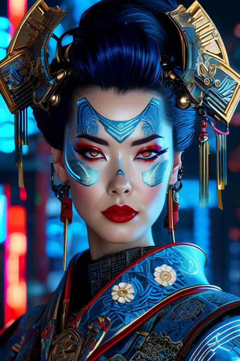 "A highly detailed cyberpunk female character inspired by East Asian aesthetics, featuring a futuristic samurai or warrior design. She has pale skin, striking red eyeliner, and deep red lips, with long black hair styled in an elegant, traditional updo ador...