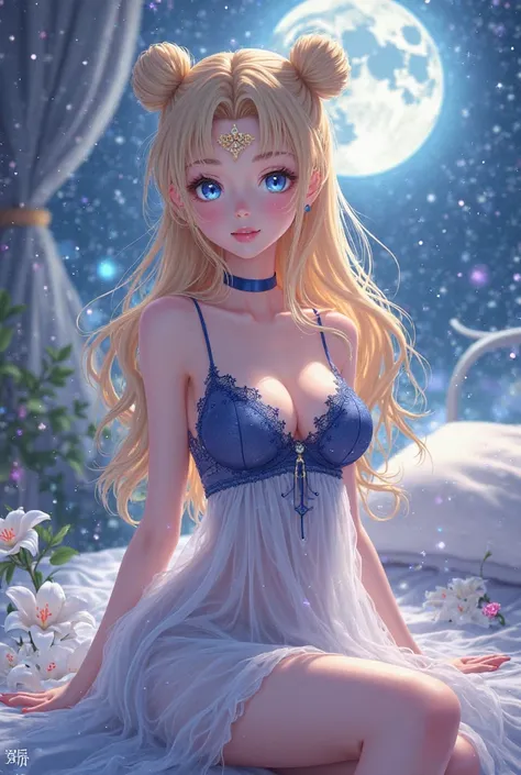  Princess Serenity sailor Moon adult full body , blue eyes yellow hair in two chunks with women's nightgown set transparent white with navy blue hollow mesh with lace vest fashionable for women fridja nalpqowj18226 in her room in her bed with lilies and ge...