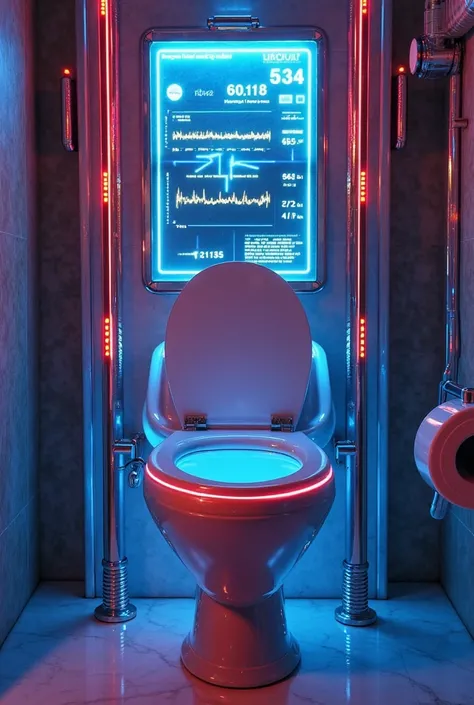 Neon Throne of the Cyber-Bathroom of the Future
An ultra-technological toilet, made of chromed metal with LED lights that change color depending on the intensity of the discharge. Holographic screens project real-time statistics of the digestive process. T...