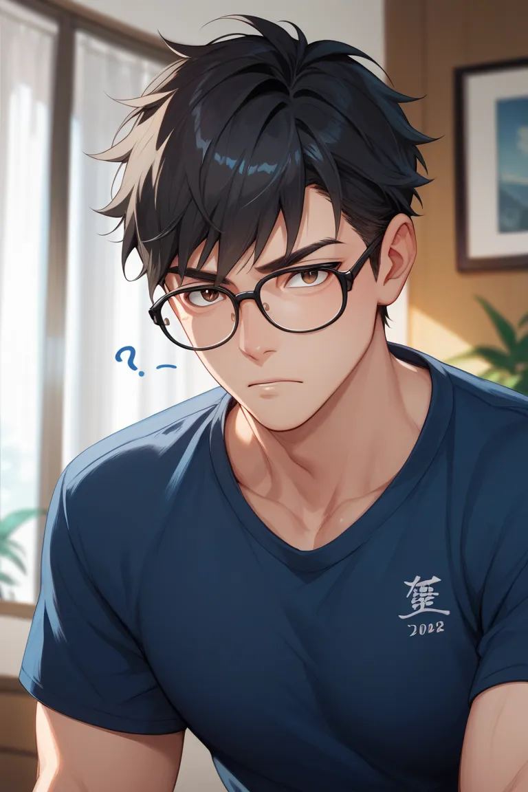 (1man) (alone) (male focus) (adult, adult features) (30 year old focus) flustered and confused adult asian man, strong, black hair, brown eyes, with glasses and navy blue T-shirt in anime style, ((stunning eyes)). background is interior bedroom.