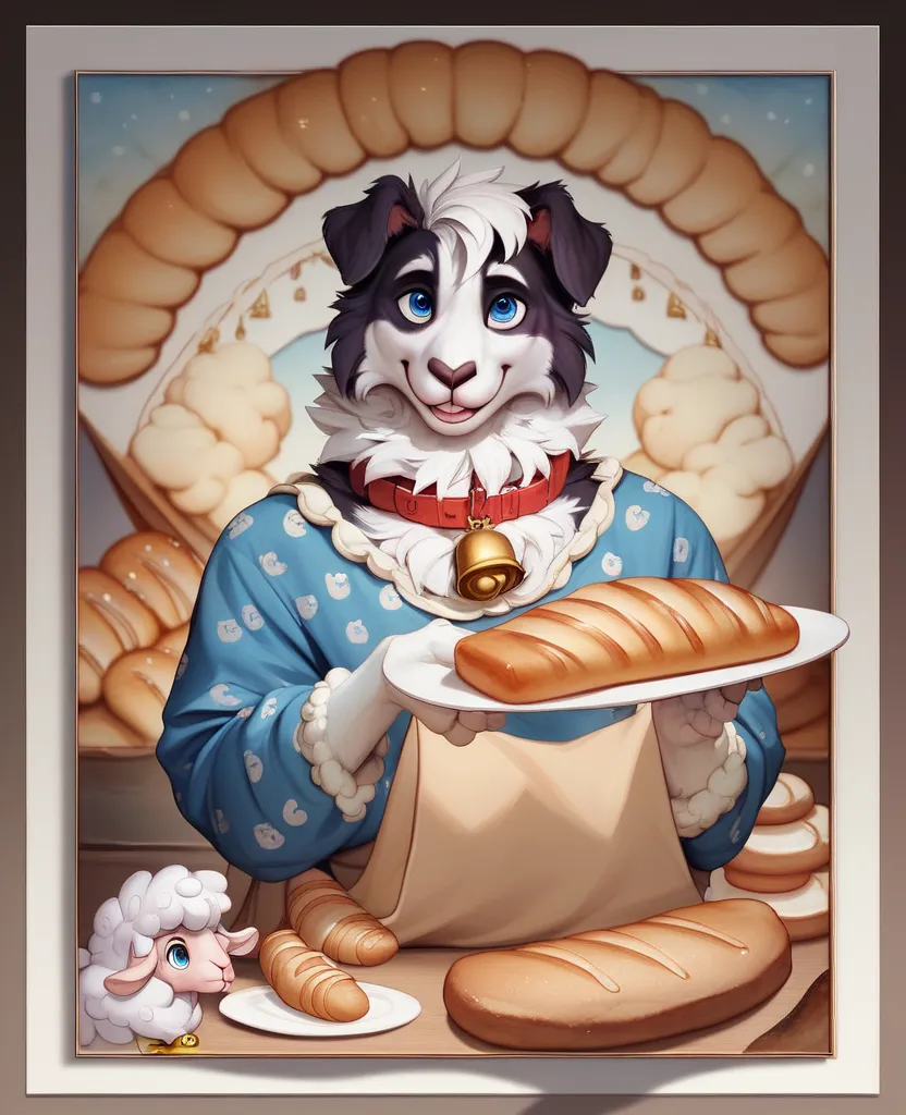 masterpiece, high quality, absurd res, digital painting \(artwork\), by dagasi, yupa,kiyosan,(fluffy fur,White fur, full body fur,croissant,Collie pattern:1.2),anthro male sheep. blue eyes, bright eyes,panorama,character focus.detailed background,eat canta...