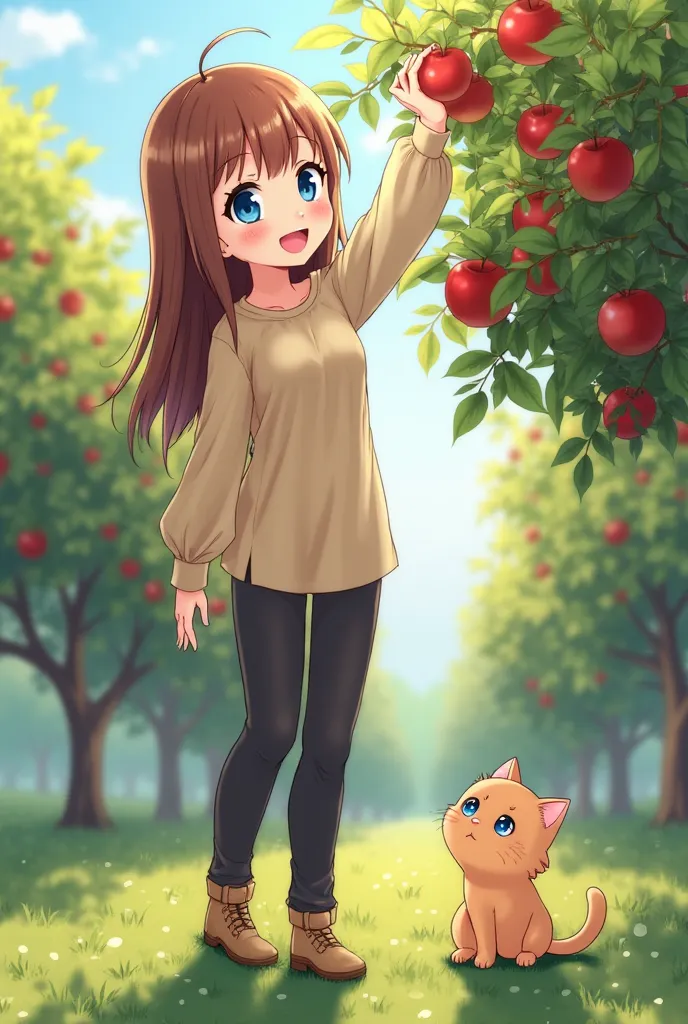 An anime-style girl with long, straight chestnut-brown hair and large, expressive blue eyes stands in an apple orchard. She wears a long-sleeved, light beige blouse with a slightly loose fit and dark pants. She is reaching up to pick a ripe apple from a tr...