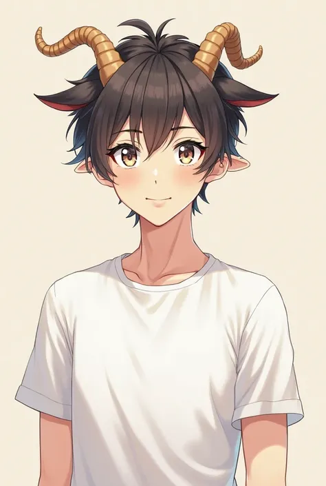 1male,anime,goat demi human, goat horn and ears, white eye color, wearing a white t shirt, smiling,normal body type, cute and beautiful