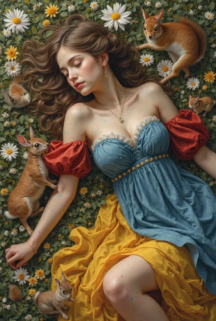 young girl with beautiful seductive face, unconsciously sleeping lying on a bed of flowers, wearing blue sexy dress, showing big breast cleavage, with red off shoulder sleeves, and yellow long skirt with slit revealing the legs. sorrounded by forrest anima...