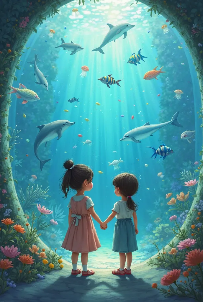 Give me a picture similar in style and drawing with the last picture and the boy and girl are holding hands in front of the tank watching sea animals 