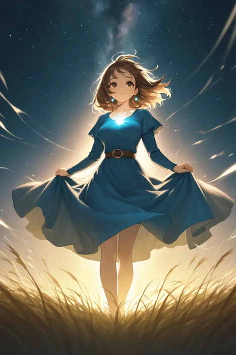 (walking in the wind), Strong wind, Glowing spores blown by the wind, Wind of light ,Hair fluttering in the wind, skirt fluttering in the wind, Hands holding down skirt, hands holding down hair, ,1girl,brown hair,medium hair,brown eyes, breasts,earrings,bl...