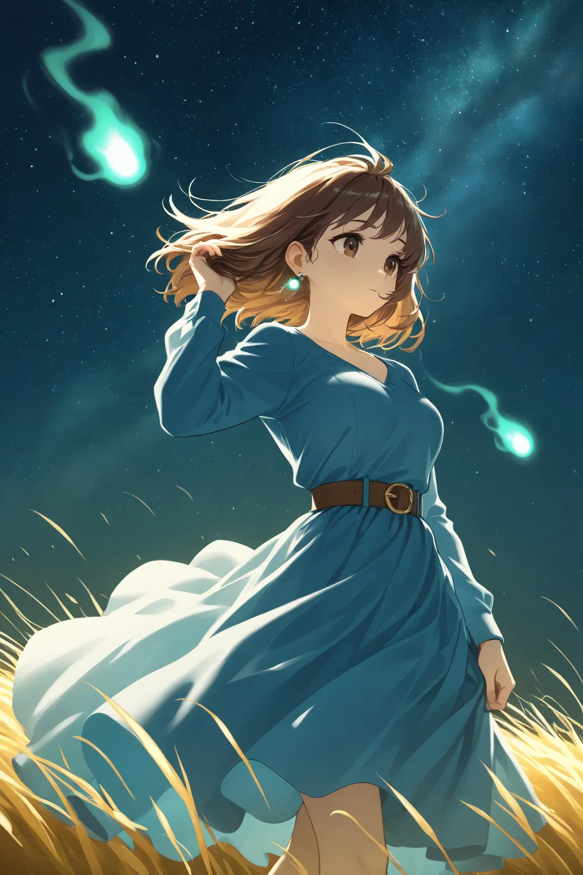 (walking in the wind), Strong wind, Glowing spores blown by the wind, Wind of light ,Hair fluttering in the wind, skirt fluttering in the wind, Hands holding down skirt, hands holding down hair, ,1girl,brown hair,medium hair,brown eyes, breasts,earrings,bl...