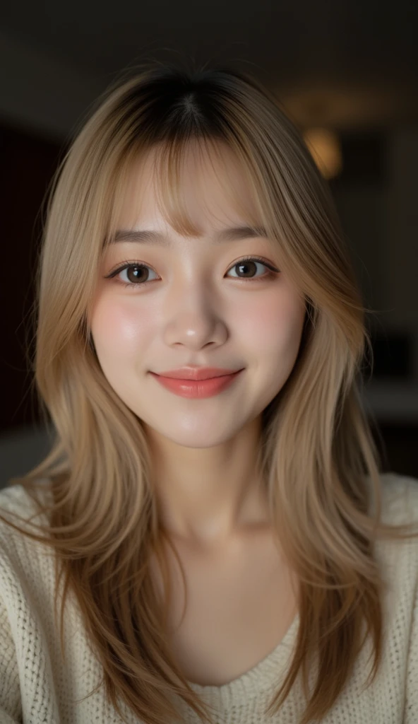 "A young woman with slightly blonde-tinted straight hair and bangs, taking a selfie in a dimly lit room with warm lighting. She is smiling gently at the camera, wearing a cozy sweater or a stylish but modest blouse. Her expression is friendly and relaxed, ...