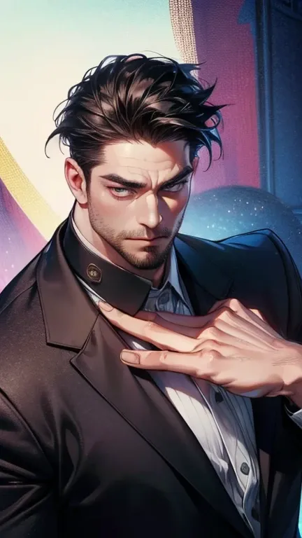 (             CEO      ,4K,8k,         highres,        masterpiece :1.2),         ultra-detailed   ,(Realistic,photoRealistic,photo-Realistic:1.37),36-year-old man,3 day beard,Beautiful anime,Portraits,strong,masculine,          with black hair  ,sharp jaw...