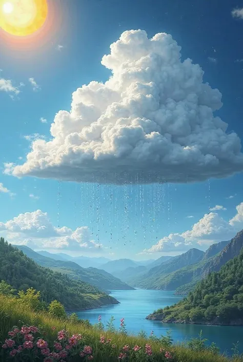 Create an image of the cycles of how cloud are form through the sun heat up water and land surfaces, warm air and water vapor rises, and  rises into the atmosphere,  it slowly cools, water vapor condenses as the air cools into tiny drops of water
