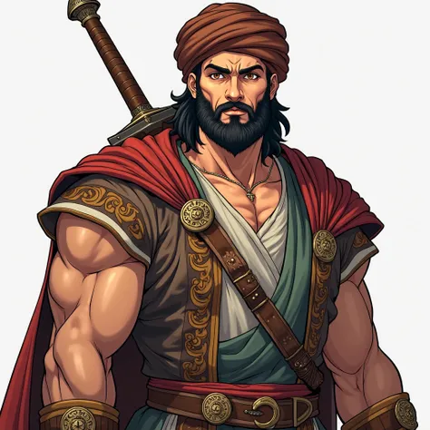    one man  , Arabic features ,beard ,   wearing an ornate dress ,   brown turban   , He carries an Arab sword ,  Hazel eyes   , sharp eyes , Strong body , muscular ,Wise Arab facial features,(anime style)