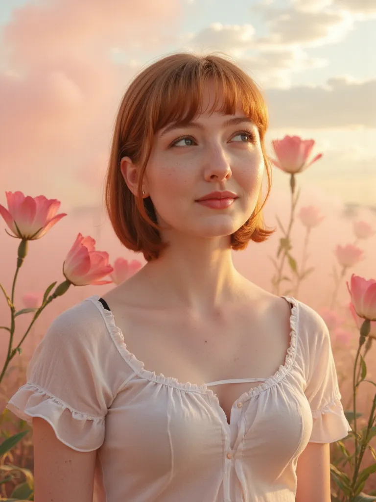 femme rousse coupe au bol avec frange, t-shirt blanc see through ruffle, detailed portrait, serene expression, standing pose, 5 flowers in background, morning light, soft scenery, pastel colors, oil painting, photorealistic, 8k, high resolution, sharp focu...