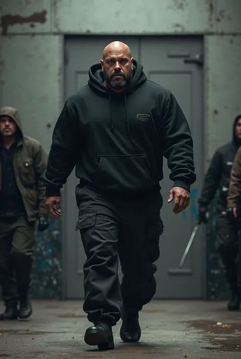 a brutal, thick-set, well-groomed man in a black hoodie for 40 years walks with his back through people, stands out against the background of a metal shield