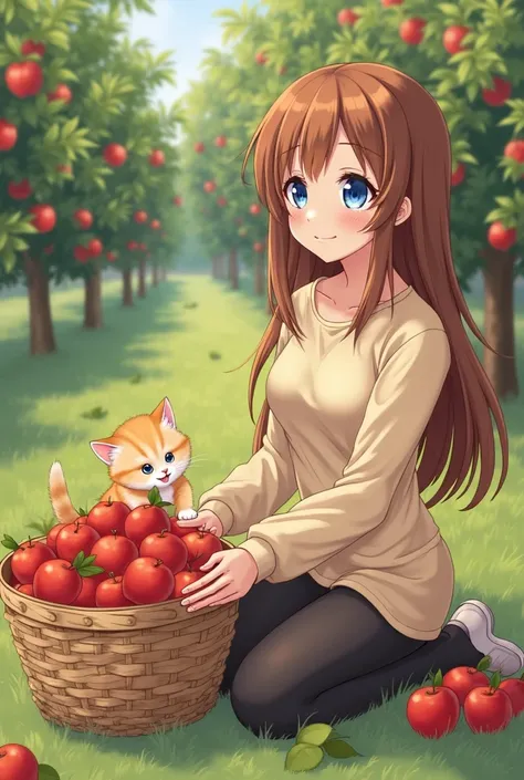 An anime-style girl with long, straight chestnut-brown hair and large, expressive blue eyes sits on the ground in an apple orchard. She is wearing a long-sleeved, light beige blouse with a slightly loose fit and dark pants. She smiles warmly as she looks a...