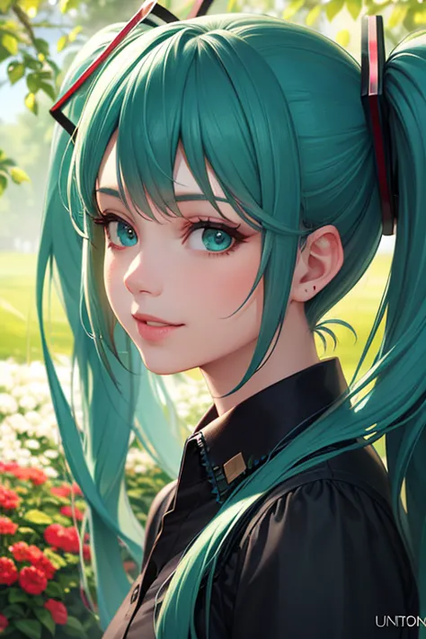 HD,high quality, Hatsune Miku,turquoise long twin tails,green eyes,cute,Beautiful Girl,smile, completely naked