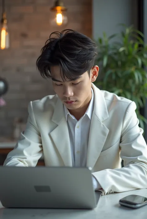 A boy of 18 year old sitting on a table a laptop and samsung is also prwsent on table wearing white coat looking straight with a stylish haircut