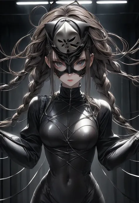 gothic girl in a metal mask like MF Doom , slender masked brunette with long braids , beautiful eyes with makeup , tight latex super villain costume , the graceful pose, dark gothic atmosphere , has a dark room with lots of wires intertwined in the backgro...