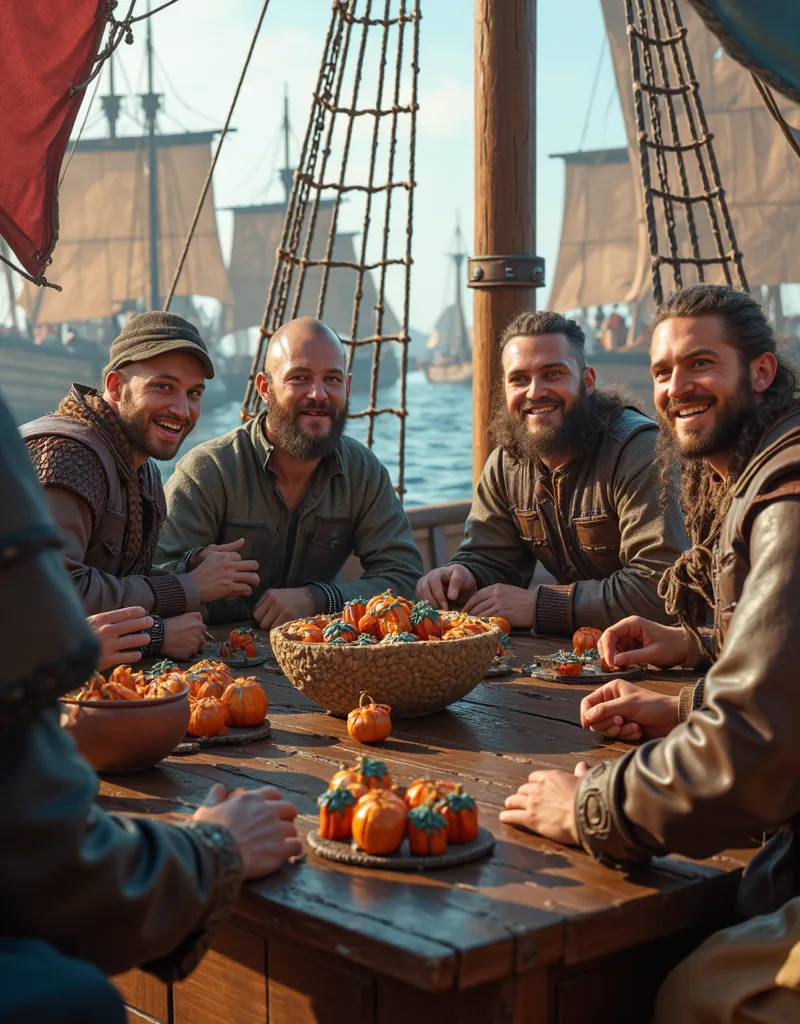 Create a highly detailed, ultra-realistic panoramic scene using Unreal Engine 5, capturing a vibrant medieval Viking merchant ship. Focus on a symmetrically balanced composition featuring several joyful Viking merchants and pirates, smiling as they engage ...