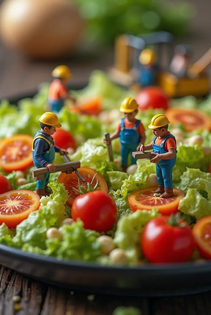 /imagine prompt: A hyper-realistic, cinematic close-up of tiny adorable workers standing on a vegetable salad, showcasing a lively scene. Two workers are skillfully cutting vegetables with knives, while another stands beside a cherry tomato. One worker ope...