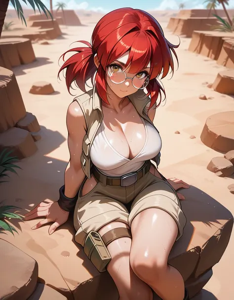 Fio Germi (Metal Slug), Ultra HD, with glasses, , layer, red-haired , in a desert, big boobs, a hot neckline, front view of breasts , breasts in close up , hot and provocative tits , very hot neckline front view of the chest, breasts looking at the viewer,...