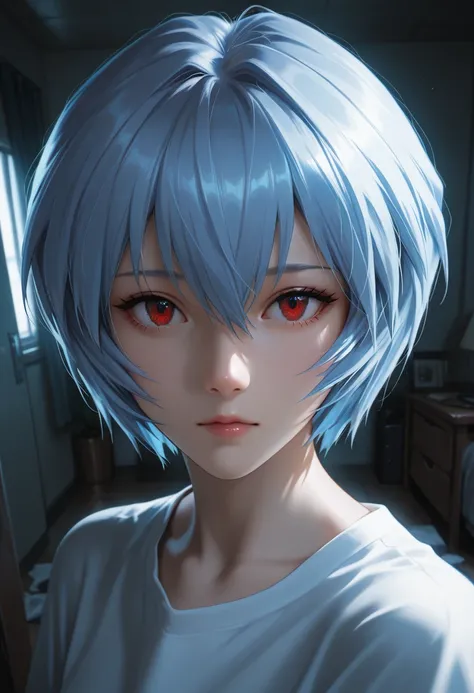 masterpiece, best quality, vibrant, very aesthetic, high contrast, photorealistic portrait, newest, 1girl,evangelion,source_evangelion,ayanami rei,shirt,shorts,room,realistic lighting,dramatic shadows,cinematic composition,
