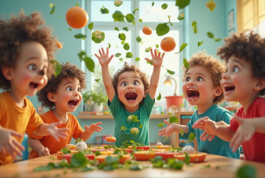 Preschoolers throw food, spinach drizzles everywhere. Best Quality, High Details, 