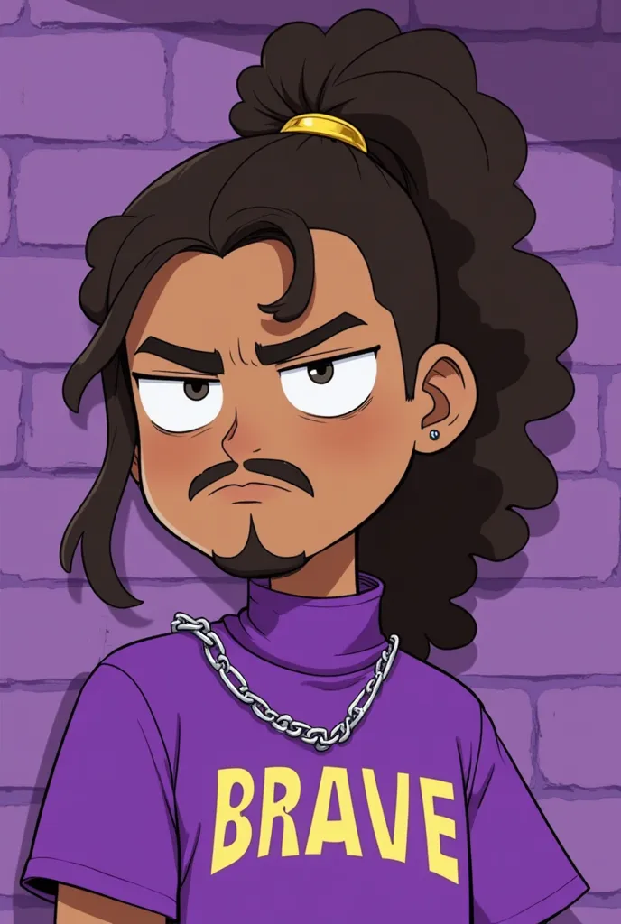  cartoon,  The image shows a young man with dark brown and long hair, tied in a ponytail with a loose lock on the side of his face.  It has brown skin , thick eyebrows and a well-trimmed mustache and beard.  Its eyes are dark . He is wearing a purple high-...