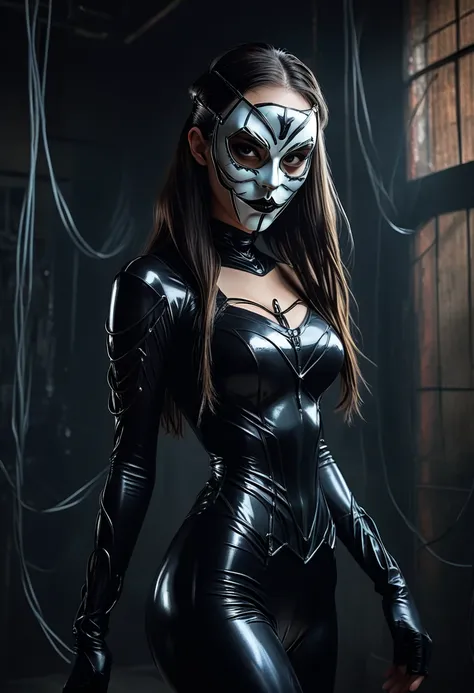 gothic girl in a metal mask like MF Doom , slender masked brunette with long braids , beautiful eyes with makeup , tight latex super villain costume , the graceful pose, dark gothic atmosphere , has a dark room with lots of wires intertwined in the backgro...