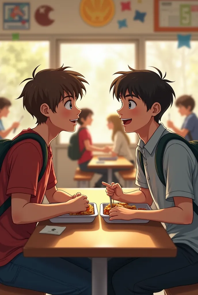 Picture two male high school students sitting face to face while eating in the lunch room